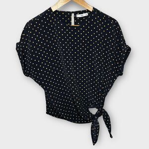 MNG Basics Women's Navy Polka Dot Cuffed Short Sleeve Tie Front Blouse Top Sz 4